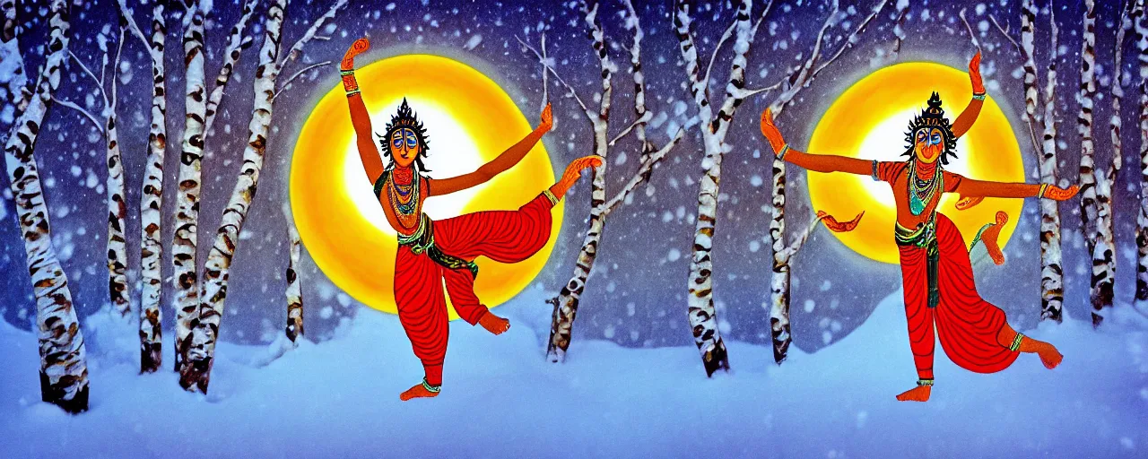 Prompt: nataraja dancing in a winter birch grove and raising snow clouds during a solar eclipse, visionary art style