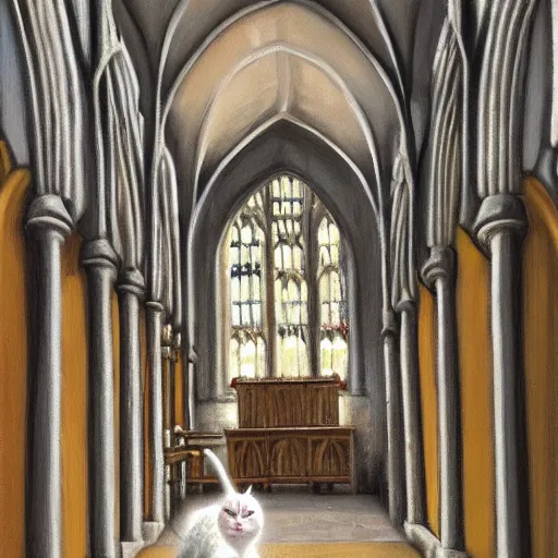 Image similar to oil painting extreme wide shot of a white and grey tabby cat wearing a hufflepuff scarf, in the Gloucester Cathedral cloisters, realistic, in the style of Harry Potter