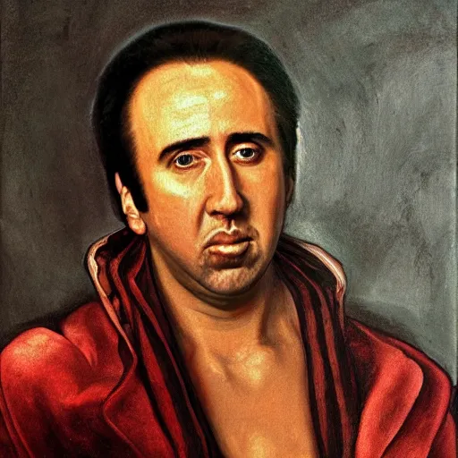 Image similar to highly detailed oil painting of nicolas cage in a banana, 4 k, in the style of caravaggio, monet, botticelli and dali