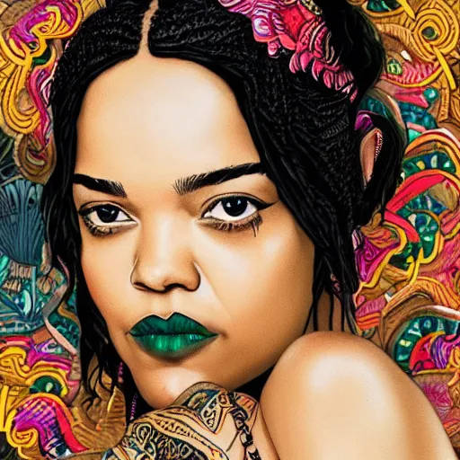 Image similar to A portrait of Tessa Thompson with exotic, intricate face tattoos , beautiful!!! digital art