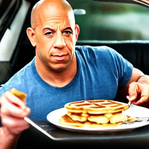 Image similar to movie still of vin diesel eating waffles and pancakes breakfast in a car
