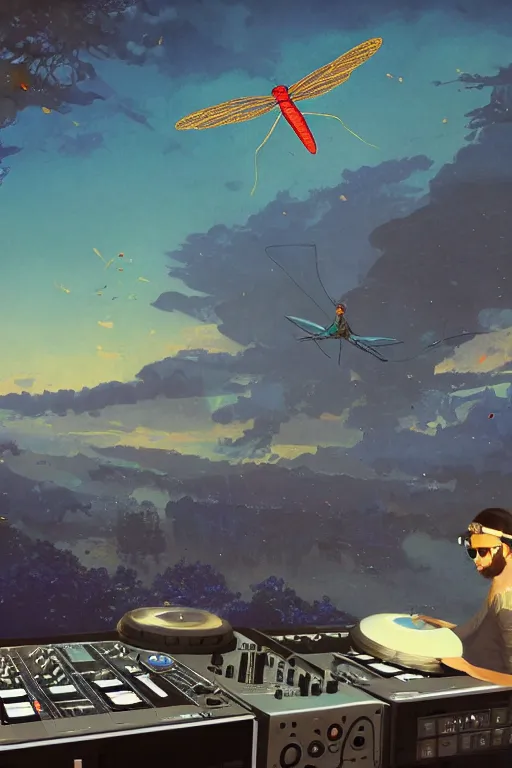 Prompt: A giant DJ mixer artwork by Tomer Hanuka Rendering with an giant dragonfly flying over it. full of details, by Makoto Shinkai and thomas kinkade, Matte painting, trending on artstation and unreal engine