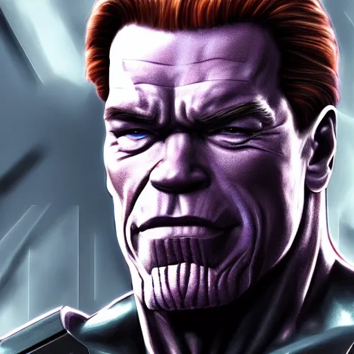 Image similar to arnold schwarzenegger as thanos, highly detailed, amazing digital art, cinematic, trending on artstation, 4K HD