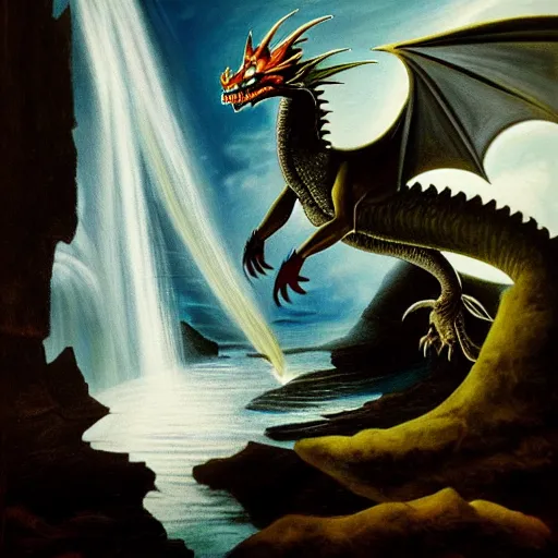 Image similar to oil painting of a dragon flying in the air near a cave with a waterfall in the center, light emanating from the waterfall leading to a big pool of water, dragon has black and white stripes, elegant, sharp focus, wide shot, clear, detailed, early renaissance