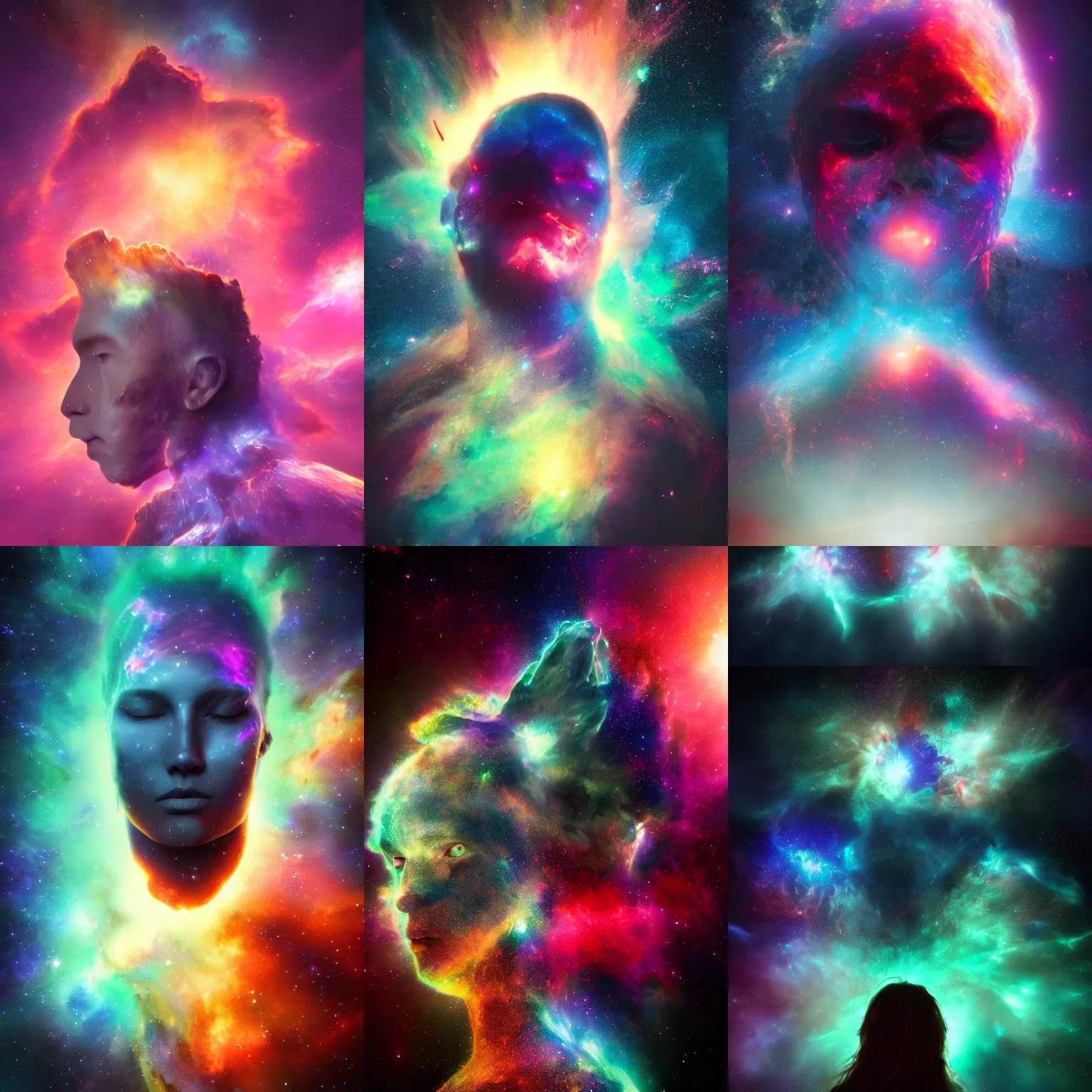 Prompt: face melting into the universe, awe, volumetric lights, nebula, by dan luvisi, trending on artstation