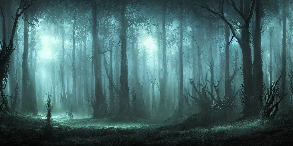 Image similar to beautiful matte painting of a fantasy dark forest at night