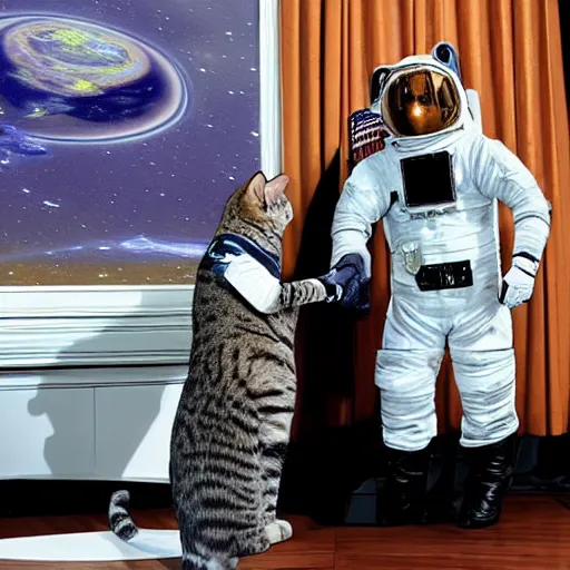 Image similar to cat astronaut shakes the hands with president