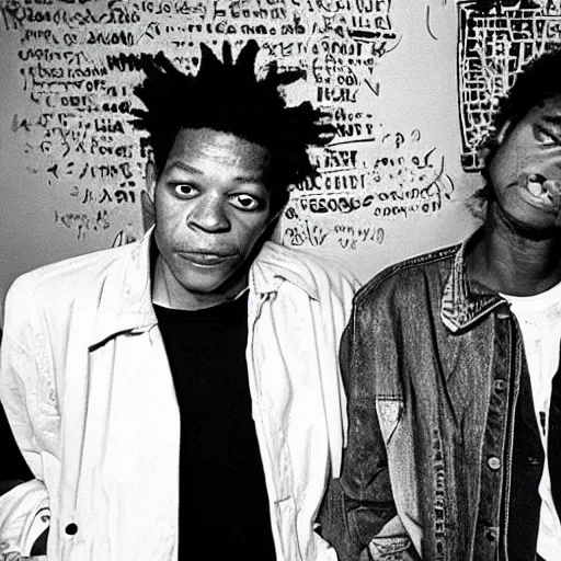 Image similar to of a photo of jean - michel basquiat and kurt cobain in basquiat ’ s studio, photorealistic,