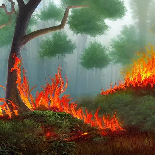 Prompt: A flaming forest , flaming leaves,Magma,flame stones are scattered, flame ferns, flame shrubs, huge flame Fantasy plant,covered in flame porcelain vine,artstation