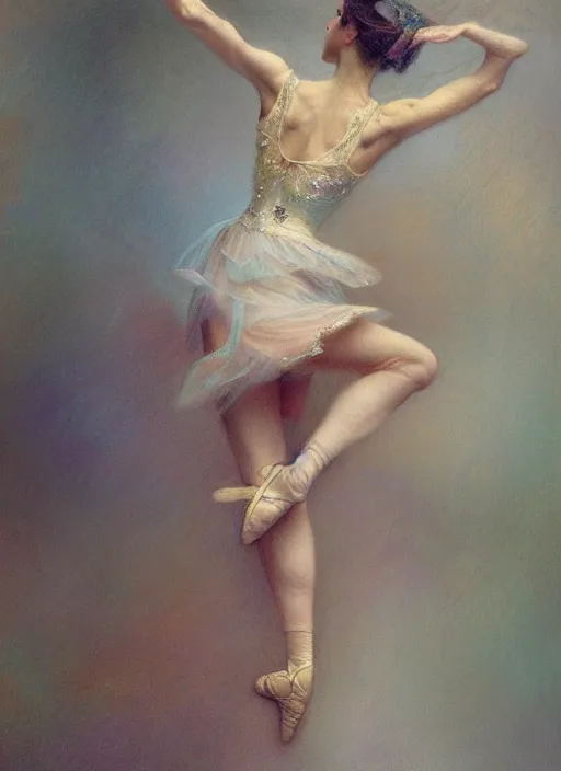 Image similar to a beautifull intricate pastel painting of a dancing ballerina, reflexions, verry high details by william turner art, greg rutkowski and alphonse mucha, trending on artstation, very very detailed, masterpiece, muted colors