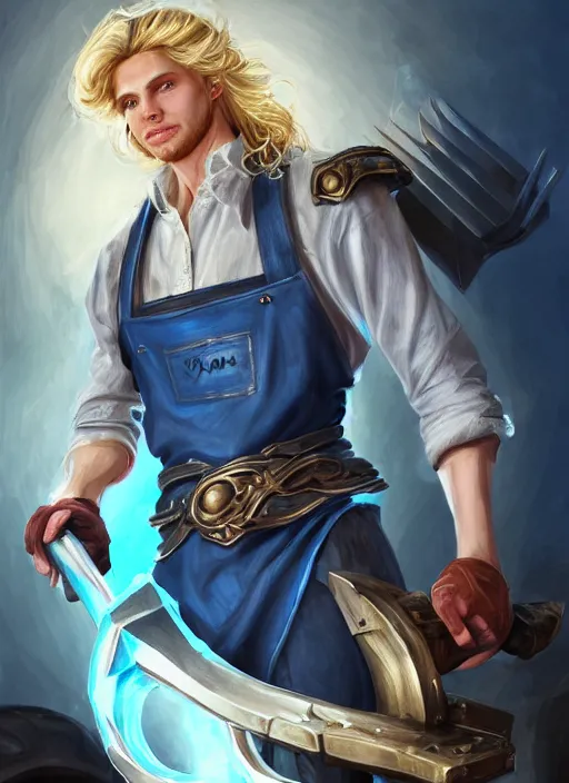 Image similar to a highly detailed illustration of long wavy bright blonde haired young effeminate boy wearing blue blacksmith apron and iron mechanical arms, blue eyes, dramatic smiling pose, intricate, elegant, highly detailed, centered, digital painting, artstation, concept art, smooth, sharp focus, league of legends concept art, wlop