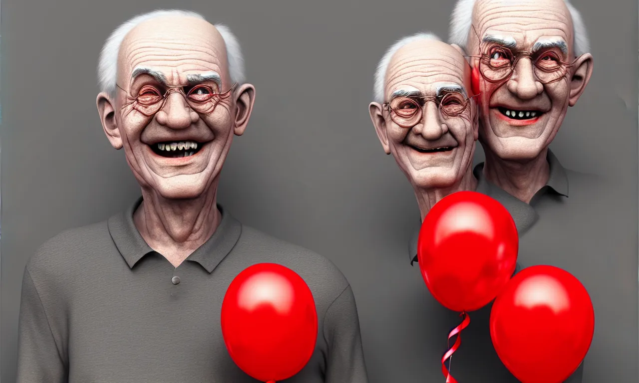 Image similar to waist up portrait of smiling old man with red balloons, highly detailed, digital painting, concept art, smooth, sharp focus, epic composition, award winning photography, gothic art, artstation, concept art, smooth and sharp focus, beautiful render, art by artgerm and wlop