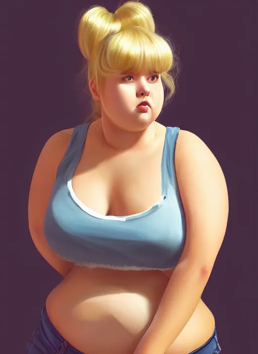 Image similar to full body teenage betty cooper, blonde hair, obese, bangs, ponytail, sultry, realistic, sultry smirk, ponytail, fluffy bangs, curly bangs, fat, belly, beautiful girl, intricate, elegant, highly detailed, digital painting, artstation, concept art, smooth, sharp focus, illustration, art by wlop, mars ravelo and greg rutkowski