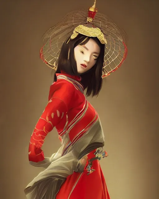 Image similar to a ultradetailed beautiful panting of a asian robotic female wearing traditional red ao dai, by ilya kuvshinov, greg rutkowski and makoto shinkai, trending on artstation