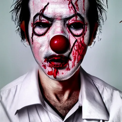 Prompt: clown cried with bloods, realism art by joongwon charles jeong, tjalf sparnaay, gottfried helnwein, roberto bernardi, emanuele dascanio, robin eley, eloy morales