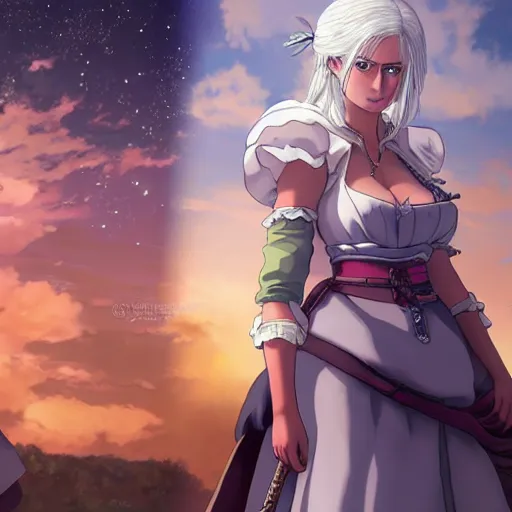 Prompt: anime portrait of ciri from the witcher dressed as a bride, in the background you can see the milky way. official art, key visual, studio lightning, very detailed bd cover, Studio Ghibli, hyperrealistic, artstation H 768