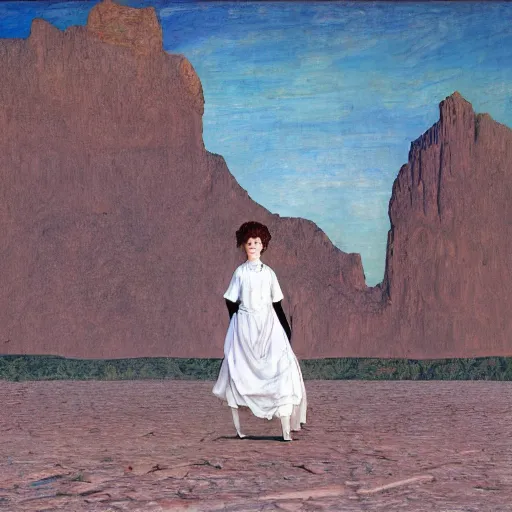 Image similar to a girl with white dress inside the desert by egon schiele and michael angelo, baroque, neo Gothic,matte painting, baroque detailes,photo real,concept art,highly detailed,sharp lines, hdri, 4k -