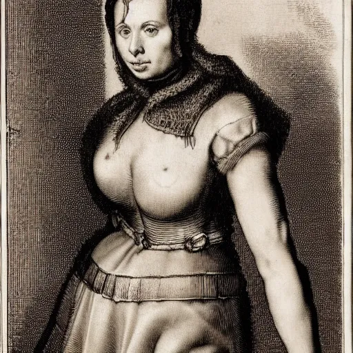 Prompt: engraving of scarlet johansson in leather by albrecht durer