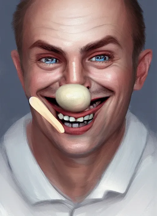 Image similar to portrait of a russian young man with a spoon on top of his nose, big grin, wrinkled eyes, wise forehead, big lips, round portruding chin, white background, youthful colours, thin sharp lines, digital painting, artstation, matte, sharp focus, illustration, realistic anime artstyle