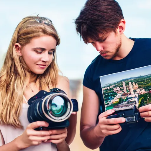 Image similar to young male photographer and young blonde female photographer comparing photos of small town real life, 8 k, 4 k uhd, realistic, hyper realistic, super detailed, very detailed, detailed
