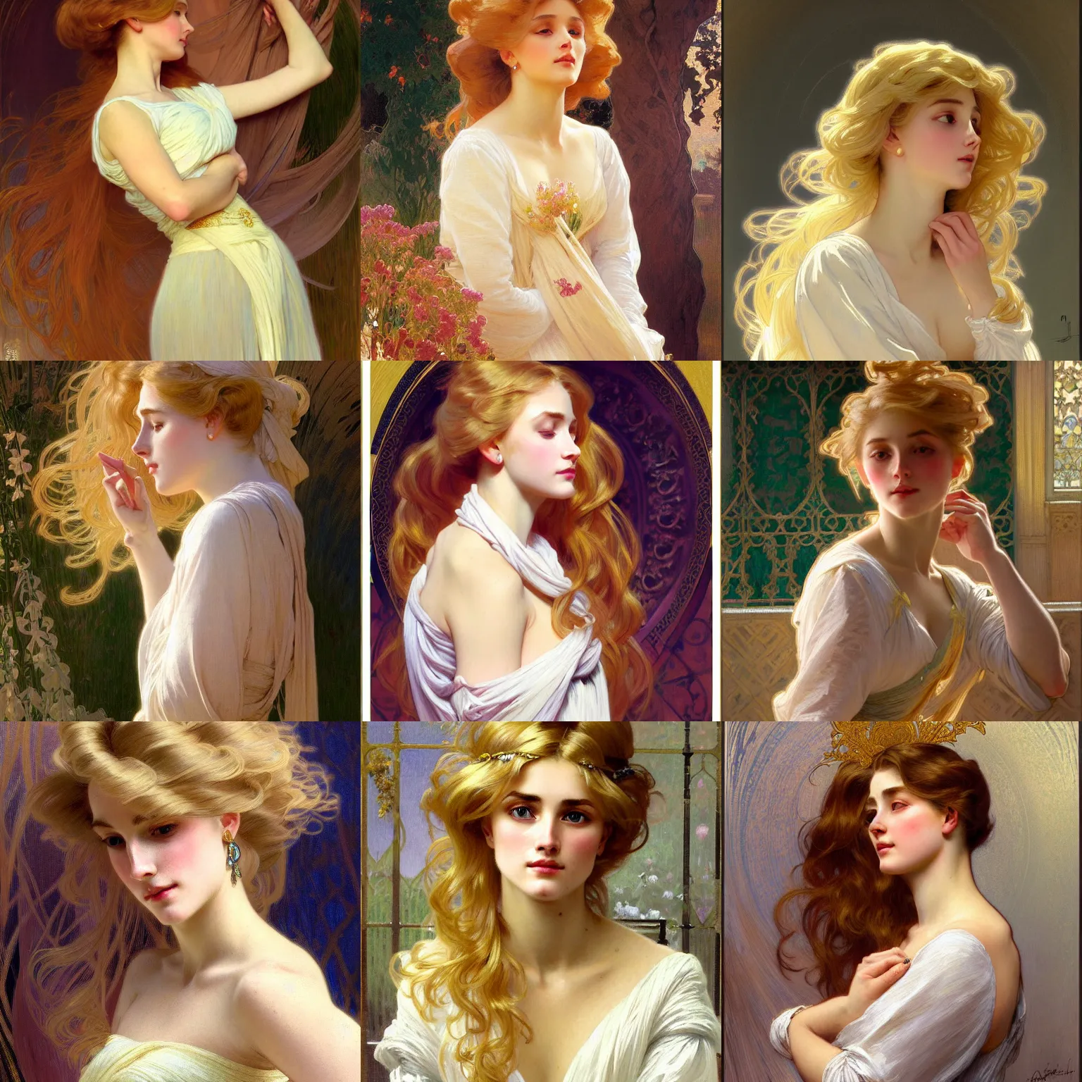 Image similar to painted portrait of a shy wife blessed by god with ever - increasing intelligence beauty and virtue. blonde, voluminous holy body dressed modestly, light effect. feminine, powerful, in clothes! intricate, elegant, highly detailed, digital painting, artstation, concept art, smooth, sharp focus, illustration, art by gaston bussiere and alphonse mucha