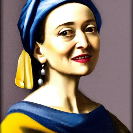 Prompt: sheryl sandberg with pearl earring painted by vermeer