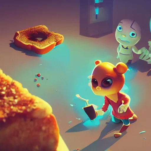 Prompt: my french toast got up and walked away, cute pixar character, volumetric lighting, dynamic composition, fantasy, hyper detailed, ultra realistic, sharp focus, octane render, concept art by sachin teng and sergey kolesov and ruan jia and heng z