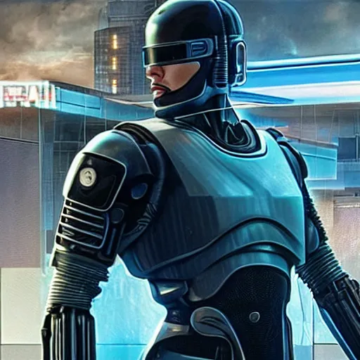 Prompt: ultra realist render of robocop facing keanu reeves in cyberpunk 2 0 7 7, symmetry accurate features, focus, very intricate ultrafine details, aqua volumetric lights, award winning masterpiece, octane render 8 k hd