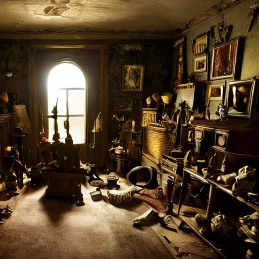 Image similar to room of a dark mansion, objects from ritual in the ground, realistic, highly detailed, guillermo del toro