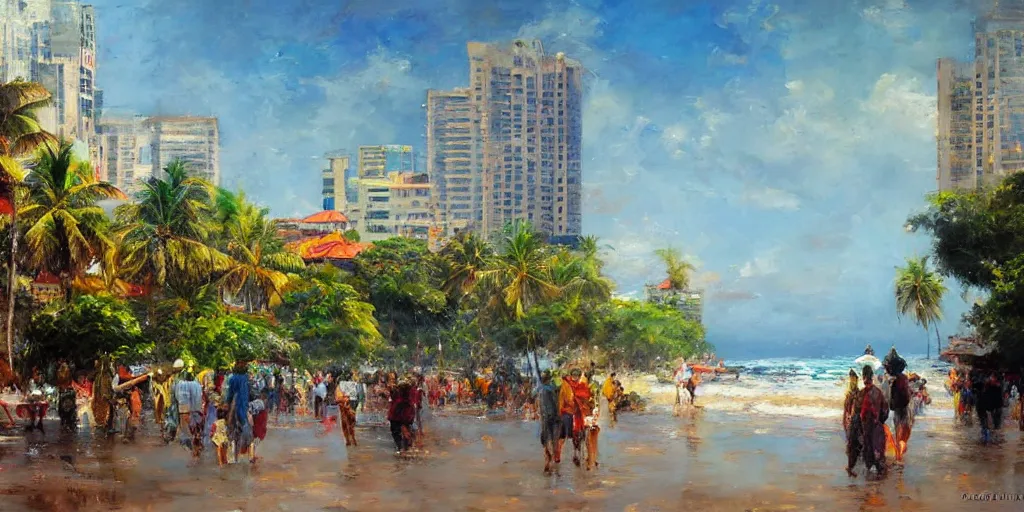 Prompt: colombo sri lanka cityscape, ocean, art by Daniel F. Gerhartz