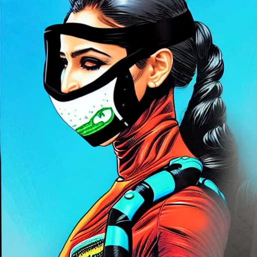 Image similar to a portrait of a saudi woman wearing a diver suit and mask with side profile blood in ocean intricate details by MARVEL comics and Sandra Chevrier-C