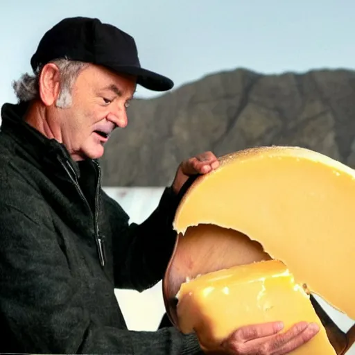 Image similar to bill murray eating a large wheel of cheese,