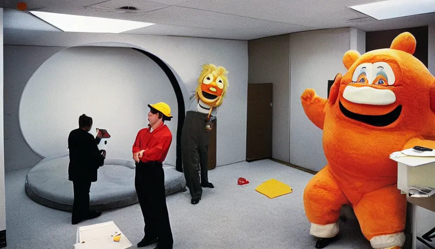 Image similar to 1990s candid 35mm photo of a beautiful day at the happy business office, cinematic lighting, cinematic look, golden hour, a man is working at his cubicle when his very large costumed Japanese mascot boss yells at him, large angry mascot face screaming at working man, man is dreaming of escaping through a tunnel in the floor, the tunnel has cinematic light beams shining out of it, UHD