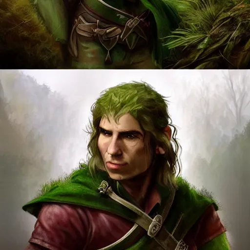 Image similar to a clean shaven rugged warrior hobbit in leather armor with very short hair and a dark green cloak and dark green hood hiking through the forest with his pet dark red dragon, trending on artstation, realistic, detailed, by Tony Sart