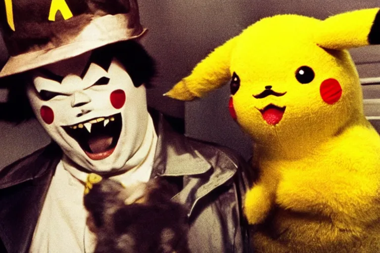 Prompt: Jack Nicholson dressed up in costume of Pikachu, scary, horror, still from the film by Stanley Kubrick in color