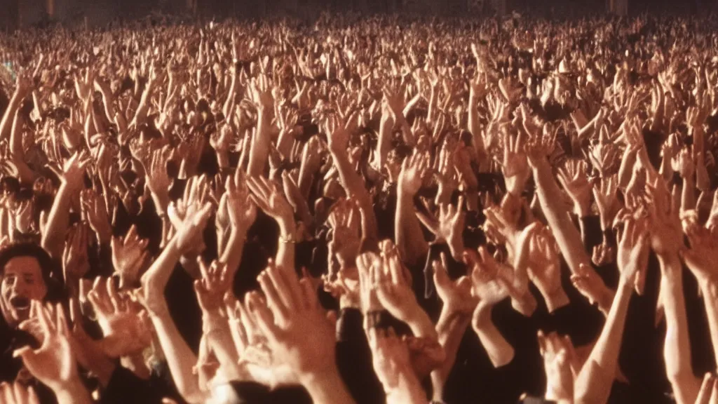 Image similar to movie still of a crowd waving hands saying good morning, cinematic composition, cinematic light, by ridley scott