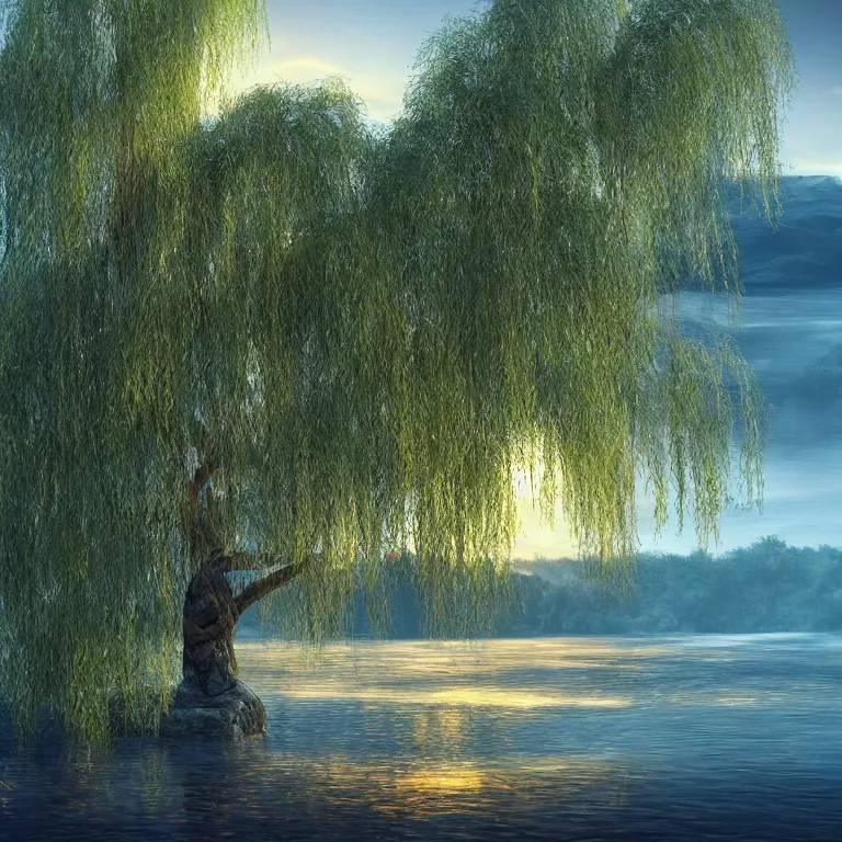 Image similar to featured on artstation majestic willow tree overlooking swirling river at sunset, beautiful image stylized digital art