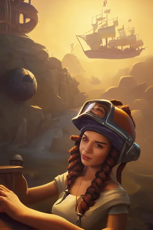 Image similar to a pritate with an astronaut helmet with long black hair on a pirate ship, d & d, sea of thieves, fantasy digital painting, trending on artstation, concept art, sharp focus, illustration, global illumination, ray tracing, realistic shaded, art by artgerm and greg rutkowski and fuji choko and viktoria gavrilenko and hoang lap