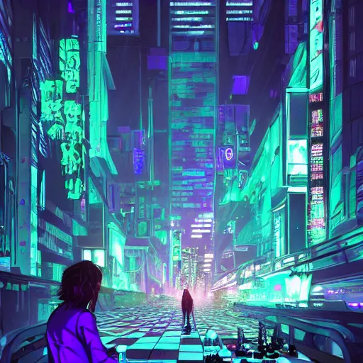 Image similar to high detailed person playing chess in a cyberpunk rainy city at night by josan gonzalez, purple and blue neons, unreal engine, high quality, 4 k, uhd, trending on artstation, wires, blade runner vibes, ghost in the shell, akira, dorohedoro