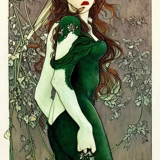 Prompt: a beautiful painting of poison ivy dressed as a lawyer in the big city, dark eyeliner, intricate, elegant, highly detailed, digital painting, artstation, concept art, matte, sharp focus, illustration, art by rebecca guay and by arthur rackham and by alphonse mucha and by john william waterhouse