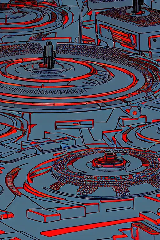 Image similar to drum machines and synththezisers, modular, in the style of akira, tron, sculpted by gaudi