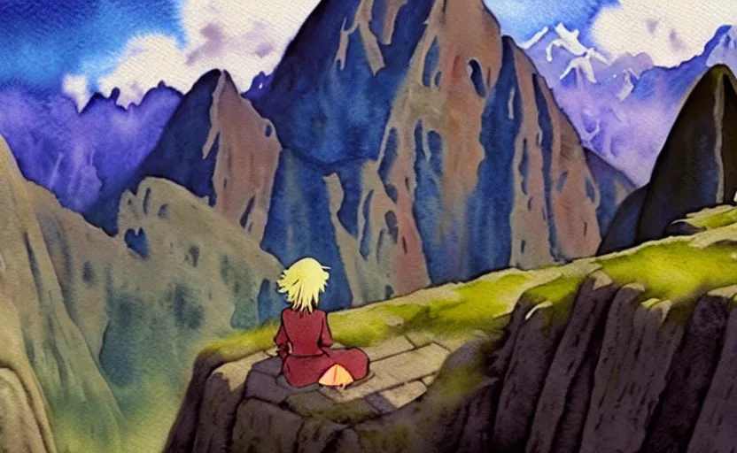 Image similar to a realistic and atmospheric watercolor from howl's moving castle ( 2 0 0 4 ) of a witch meditating in machu pichu. very dull muted colors, hd, 4 k, hq