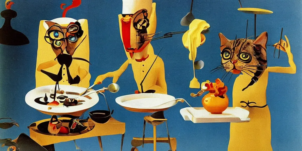 Image similar to anthropomorphic cats chef cooking a delicious colorful soup on TV show, by Salvador Dali