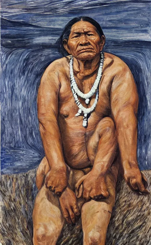 Image similar to full body shot picture of indigenous people leader gazing into the horizon, painted by lucian freud, hd, super detailed, realistic, muted colors