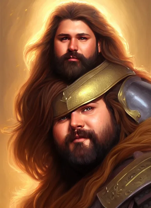 Prompt: a _ fantasy _ style _ portrait _ painting _ of light brown male paladin with long wavy brown hair chubby and beard, rpg dnd oil _ painting _ unreal _ 5 _ daz. _ rpg _ portrait _ extremely _ detailed _ artgerm _ greg _ rutkowski _ greg