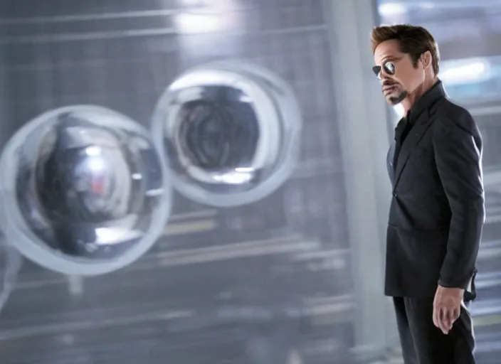 Image similar to film still of Robert Downey Jr as Cobb with the world bending as a series of mirrors in the background in Inception, 4k
