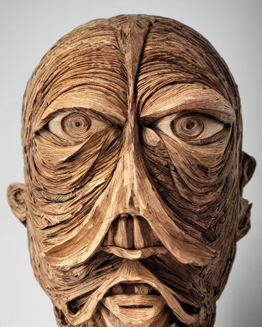 Image similar to studio shot of an intricate wood twisting statue, surreal face sculpture, intricate mathematical shape, professional, textured wood, scratched metal, well lit professional photo, chromatic, HD photography, 4k