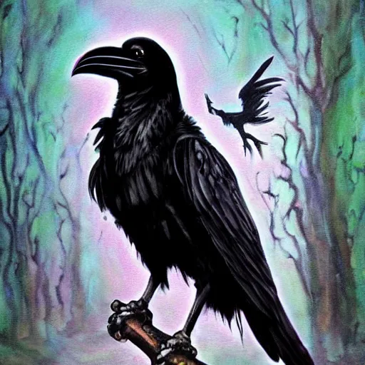 Prompt: fantasy painting of a raven by the minions | horror themed | creepy