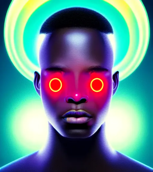 Prompt: symmetry!! african prince of technology, solid cube of light, hard edges, product render retro - futuristic poster scifi, lasers and neon circuits, dark skin man african prince, intricate, elegant, highly detailed, digital painting, artstation, concept art, smooth, sharp focus, illustration, dreamlike, art by artgerm