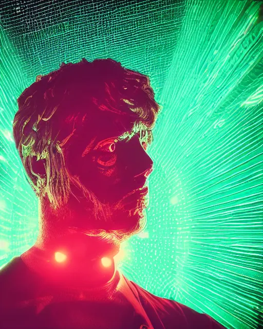 Image similar to dramatic cyberpunk portrait of a metallic marble bust, crystalline, red glow, green glow, blue glow, atmospheric haze, intense shading, optic ripple, backlit, bokeh, centered